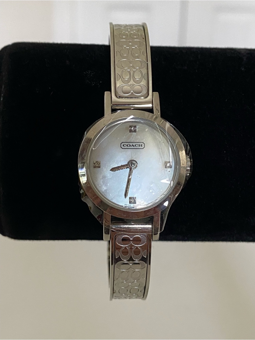 Coach Signature 0277 Silver Bangle Watch with Crystals and Mother-of-Pearl Dial